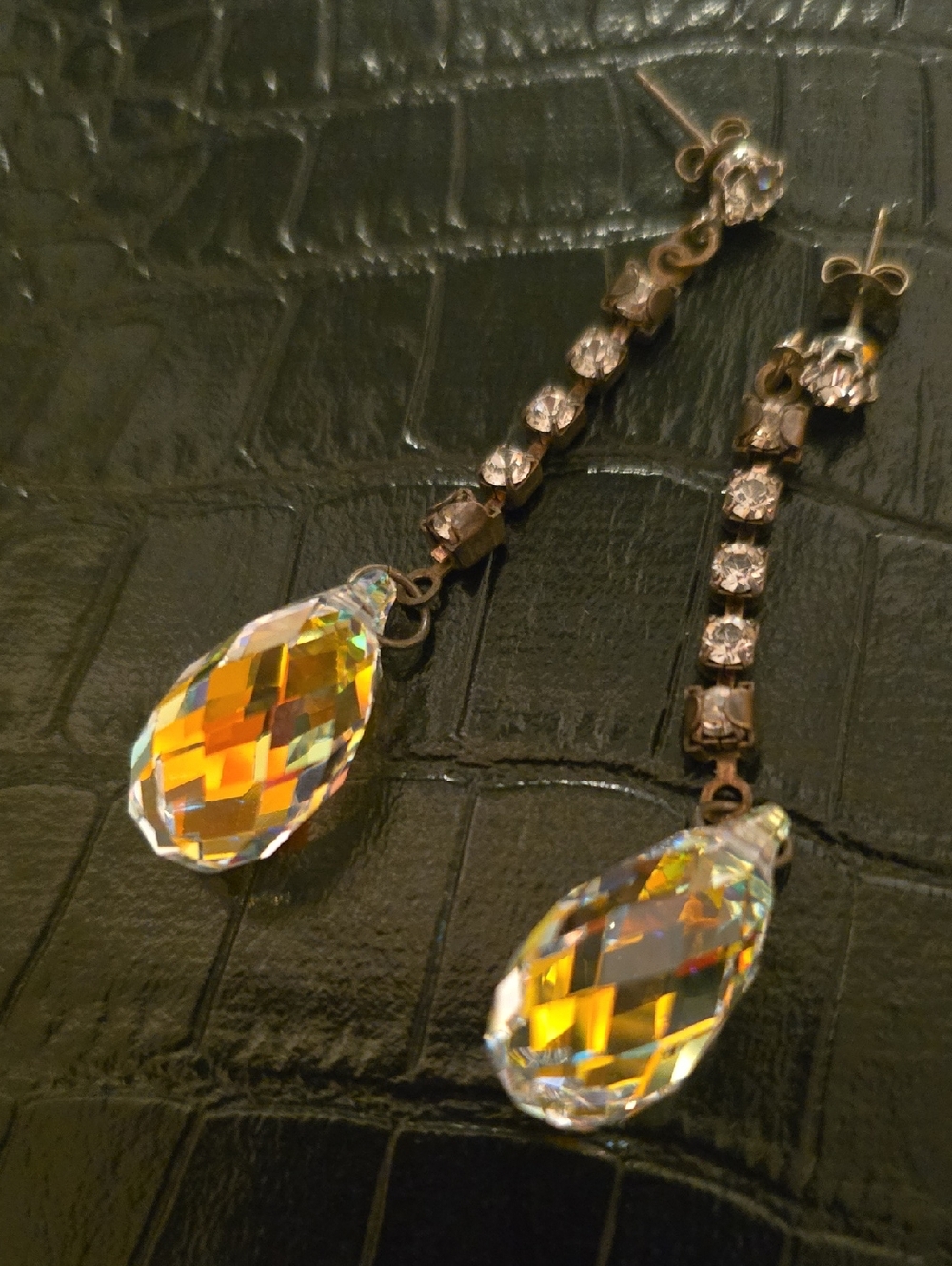 Crystal Teardrop Dangle Earrings - Gold-Tone with Amber Sparkle